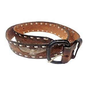 Vintage Hand-Tooled Leather Buckstitched Belt Eagle US Calvary Civil War Flag